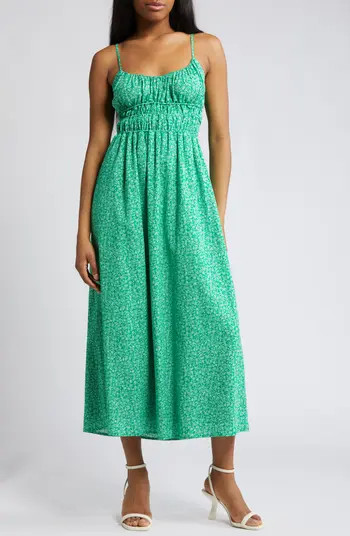 Floral Print Shirred Linen Blend Midi Dress | Nordstrom