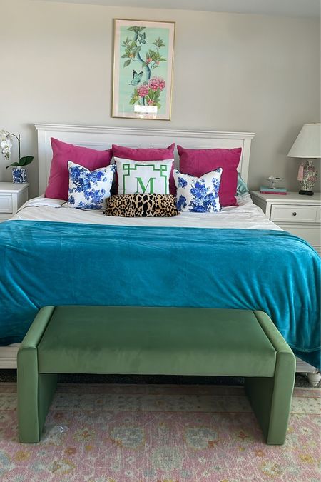 Grandmillennial bedroom inspo. Sage green velvet bench, blue and white pillows, chinoiserie pillows, Dianne hill art,  teal blanket, pink area rug. 

#LTKhome