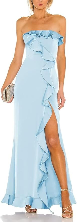 ALFEICE Strapless Satin Bridesmaid Wedding Guest Dresses Sleeveless Ruffles Prom Dresses with Sli... | Amazon (US)