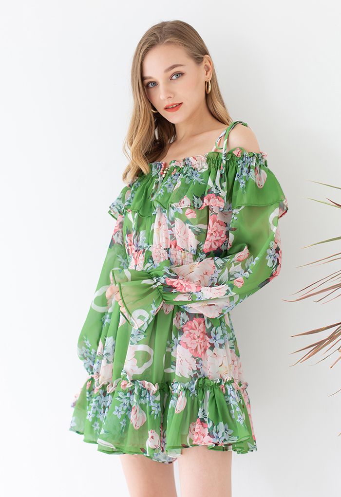 Flowery Ruffle Cold-Shoulder Chiffon Playsuit in Green | Chicwish