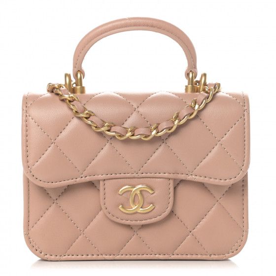 CHANEL Lambskin Quilted Top Handle Flap Coin Purse With Chain Beige | Fashionphile