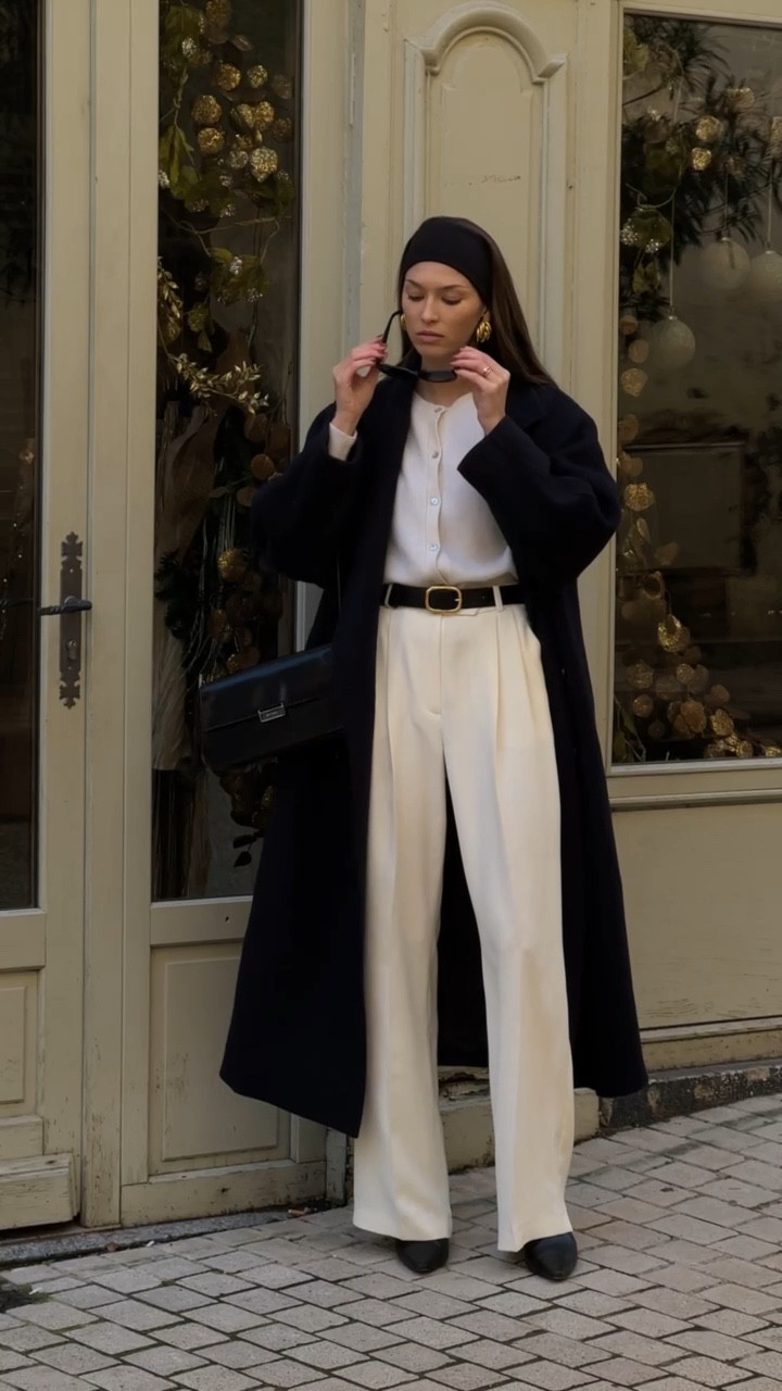 House of Dagmar black coat, formal trousers, white cardigan, gold accessories, street style, classic chic outfit, simple outfit 

#LTKSeasonal #LTKeurope #LTKstyletip