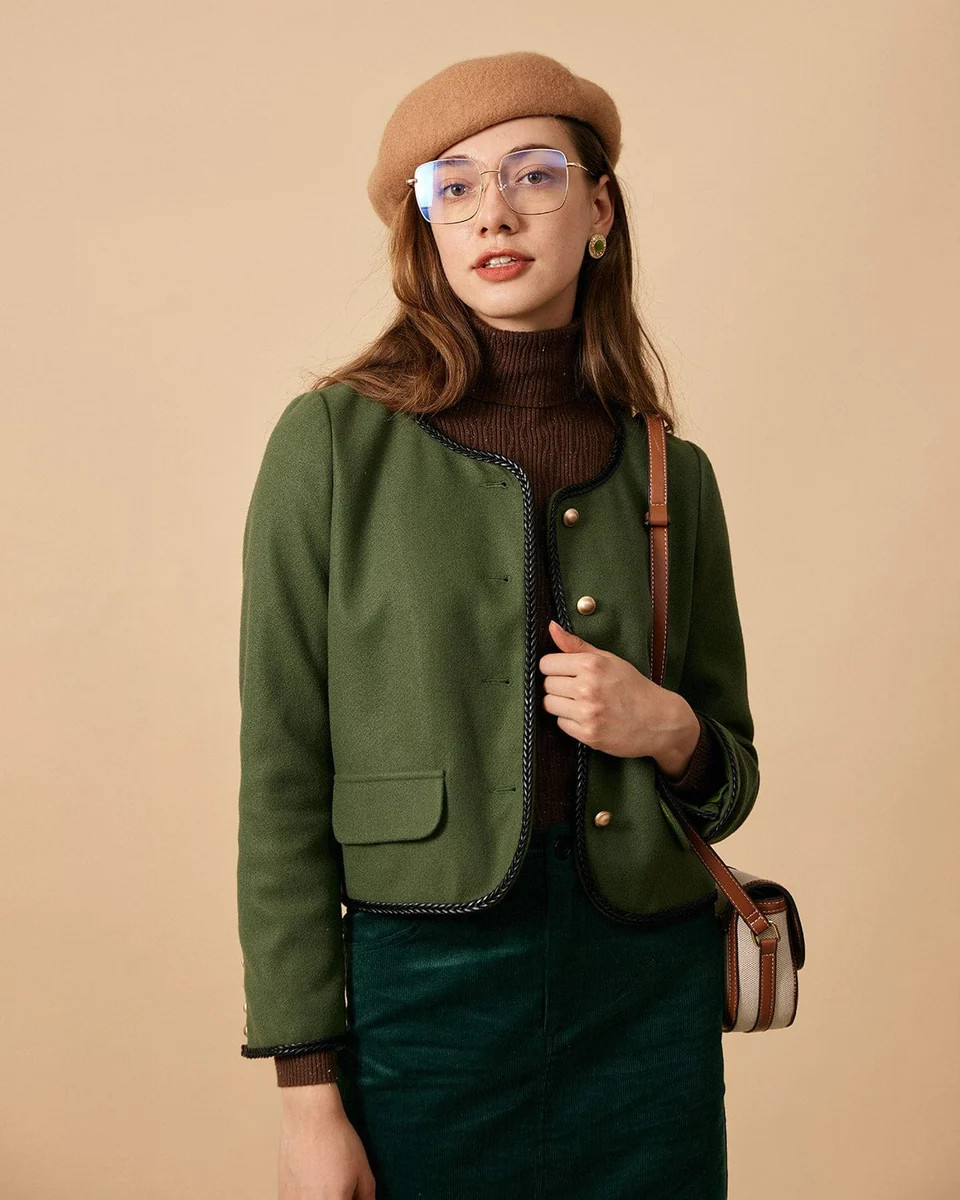 The Green Round Neck Button-up Jacket & Reviews - Green - Outerwear | RIHOAS | rihoas.com