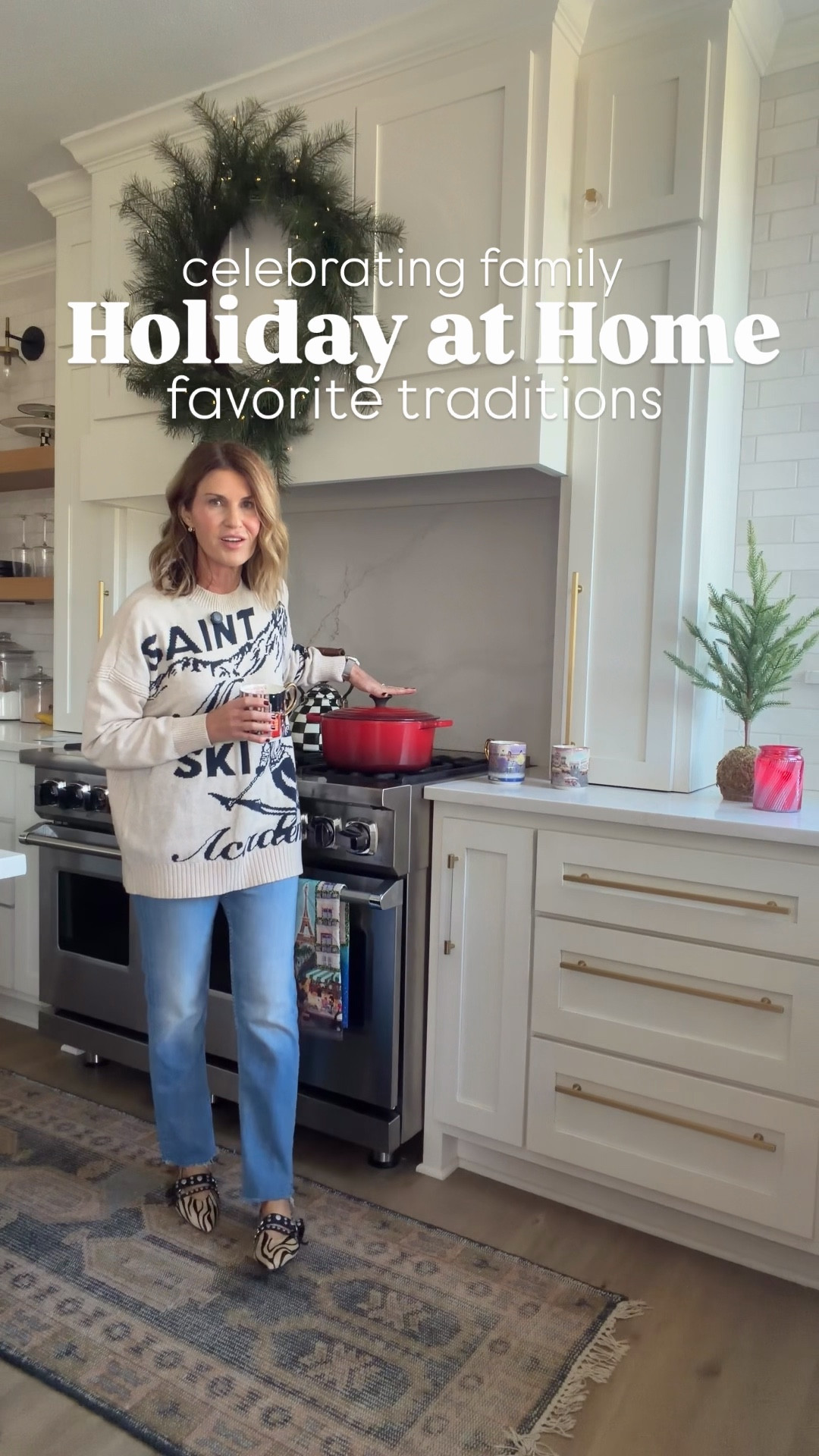 Making Wassail and toasting to good health is a favorite family tradition 
Wearing a small sweater 

Wassail Recipe
8 cups apple cider
2 cups orange juice
1/3 cup lemon juice
4 cinnamon sticks
1/2 tsp ground cloves 
1/4 tsp ground ginger 
1/4 tsp ground nutmeg 
1 Tablespoon light brown sugar 
Mix ingredients and allow to simmer for 30-45 minutes.
Before serving, I like to add red hots to taste and stir until melted (about a 1/4 cup) 
Ladle into mugs and toast to good health 

Comment SHOP below to receive a DM with the link to this post on my LTK ⬇ https://liketk.it/5FfZN #ltkstorytime #ltkseasonal #ltkholiday

#LTKstorytime #LTKSeasonal #LTKHoliday