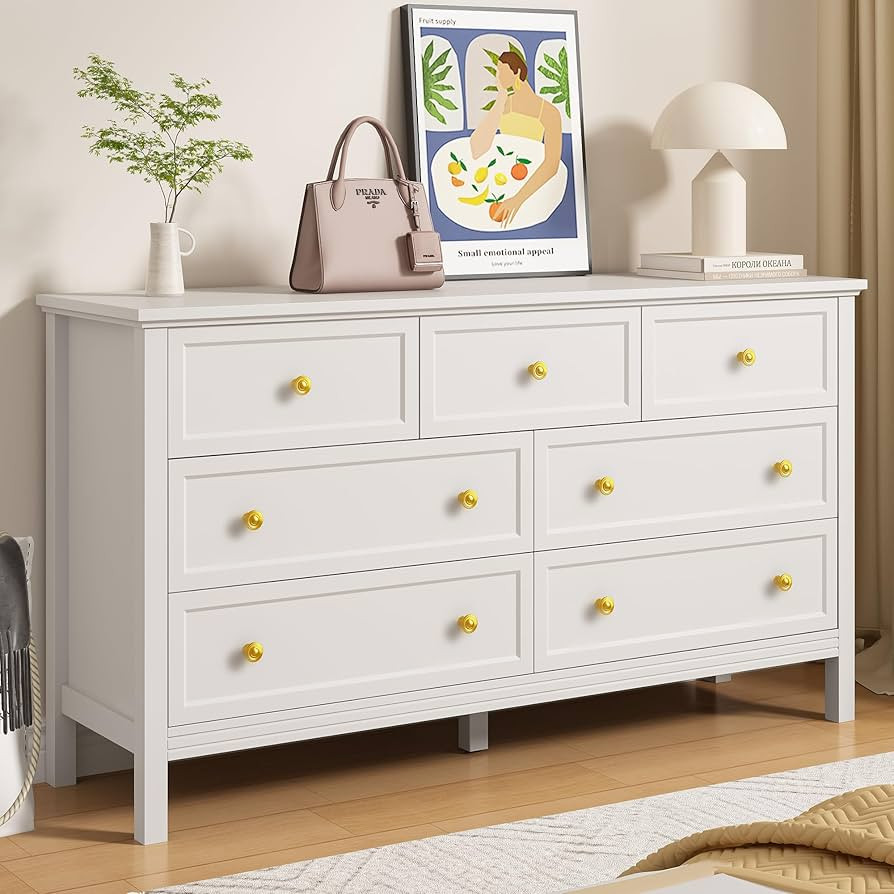 LYNSOM 7 Drawer White Dresser for Bedroom, 55" Wood Dresser with Gold Handles, Wide Modern Dresse... | Amazon (US)