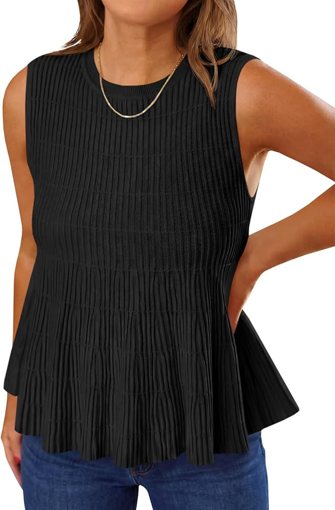 Saodimallsu Womens Peplum Ribbed Tank Tops Cute Sleeveless Knit Ruffle Crew Neck 2026 Summer Swea... | Amazon (US)