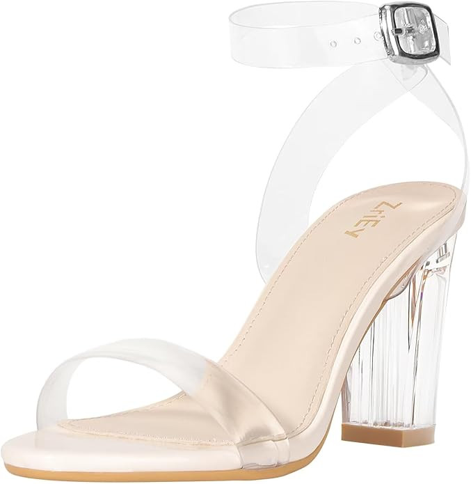 ZriEy Clear Block Sandals Chunky Heels for Women 3.35 Inch Open Toe Adjustable Ankle Strap Pump S... | Amazon (US)