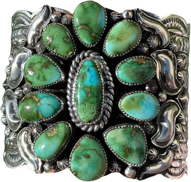 Navajo Sterling Silver Sonoran Gold Turquoise Cluster Cuff Bracelet T Jon Gift, Medium, Green | Amazon (US)