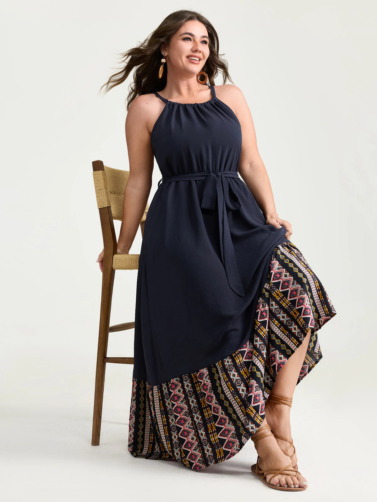 Colorful Boho Striped Hem Halter Neck Maxi Dress | Bloomchic