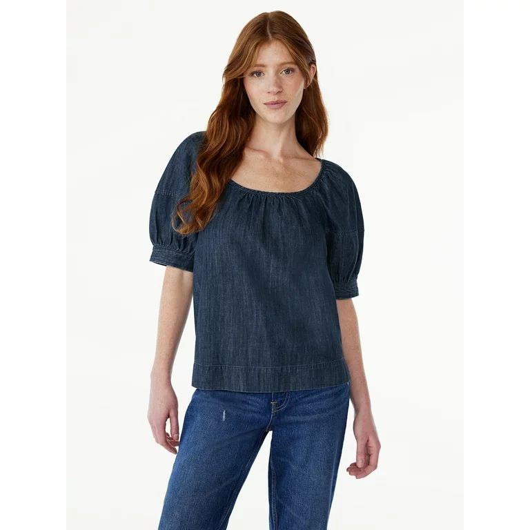 Free Assembly Women's Square Neck Denim Top with Puff Sleeves, Sizes XS-XXL | Walmart (US)