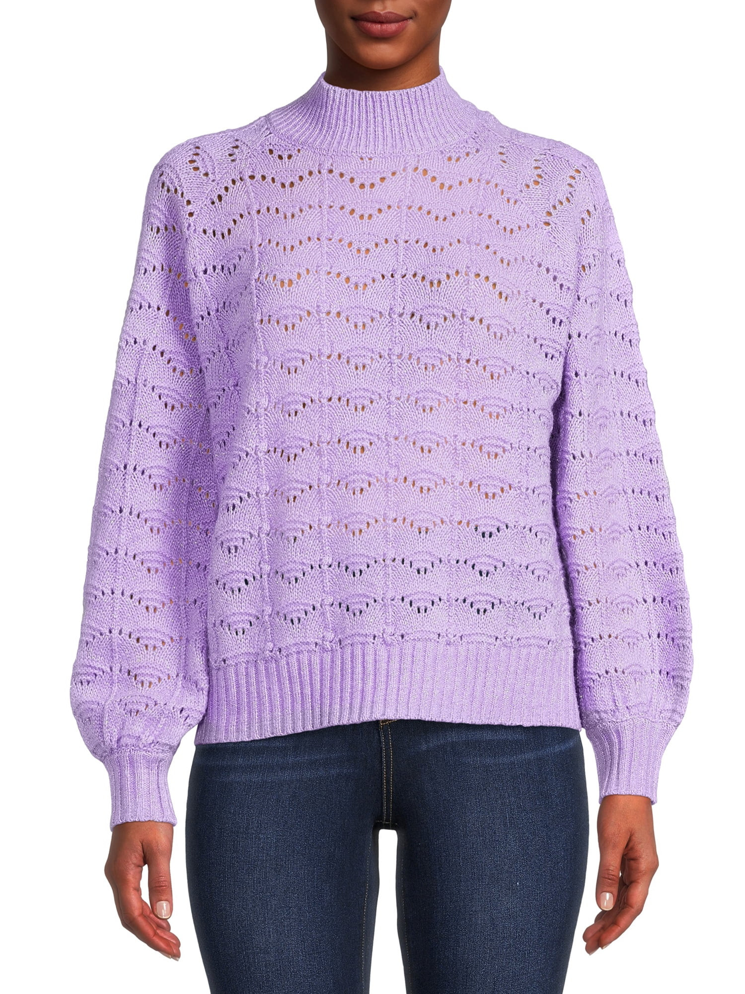 Time and Tru Women's Pointelle Lurex Crew Neck Sweater | Walmart (US)