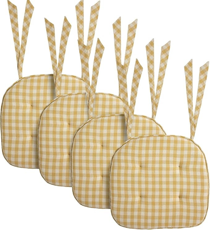 Amazon.com: VHC Brands Buzzy Bees Primitive 16.5"x18" Chair Pad Yellow Tucked Cotton Check Tie Ba... | Amazon (US)