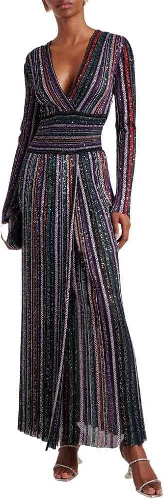 Women V Neck Striped Waist Pleated Long Knit Dress | Amazon (US)
