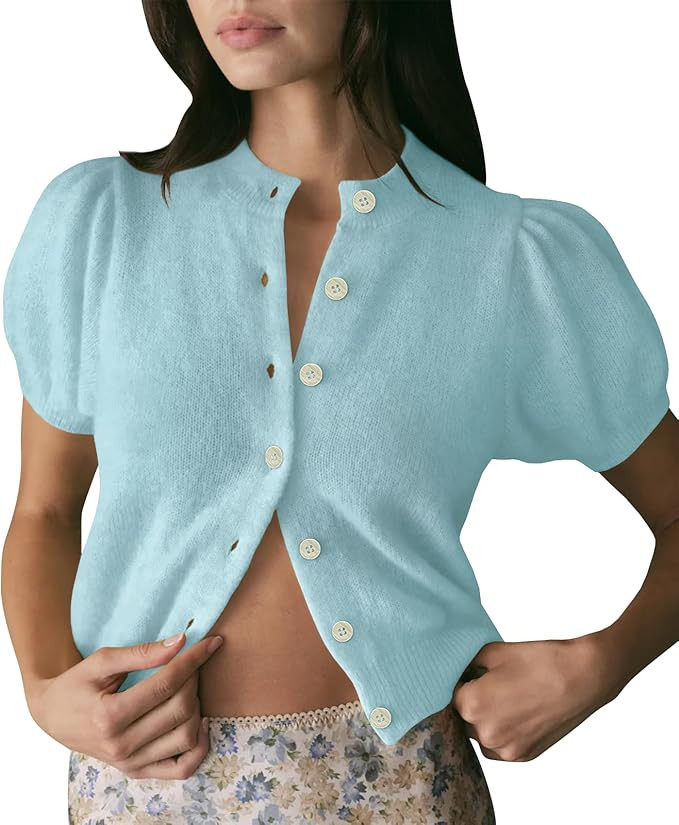 Womens Puff Short Sleeve Cardigan Sweaters Cropped Button up Lightweight Y2k Knit Summer Cardigan... | Amazon (US)