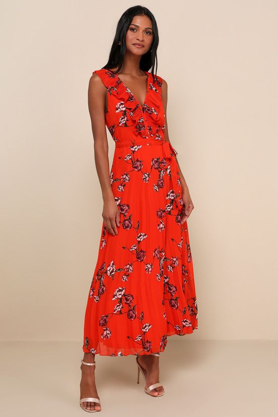 Loved By You Red Orange Floral Print Pleated Chiffon Maxi Dress | Lulus