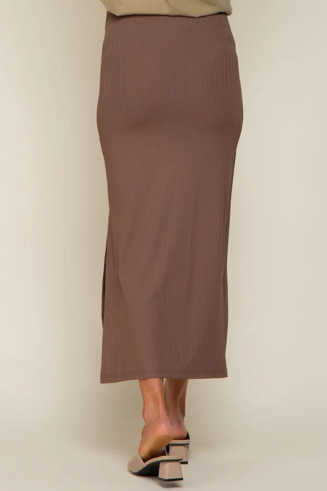 Mocha Ribbed Side Slit Maternity Midi Skirt | PinkBlush Maternity