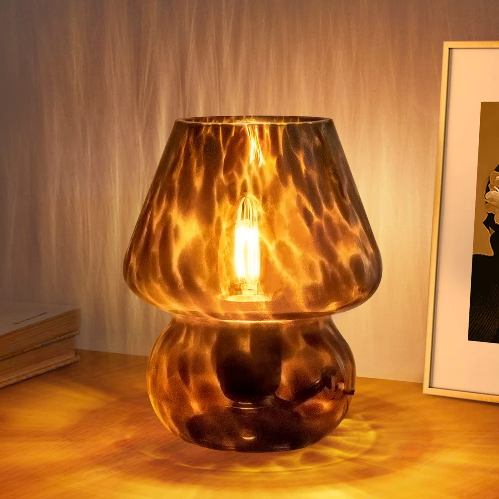 ONEWISH Mushroom Lamp Small Vintage Table Lamp for Bedroom Nightstand, Bedside Lamp Translucent Glas | Amazon (US)