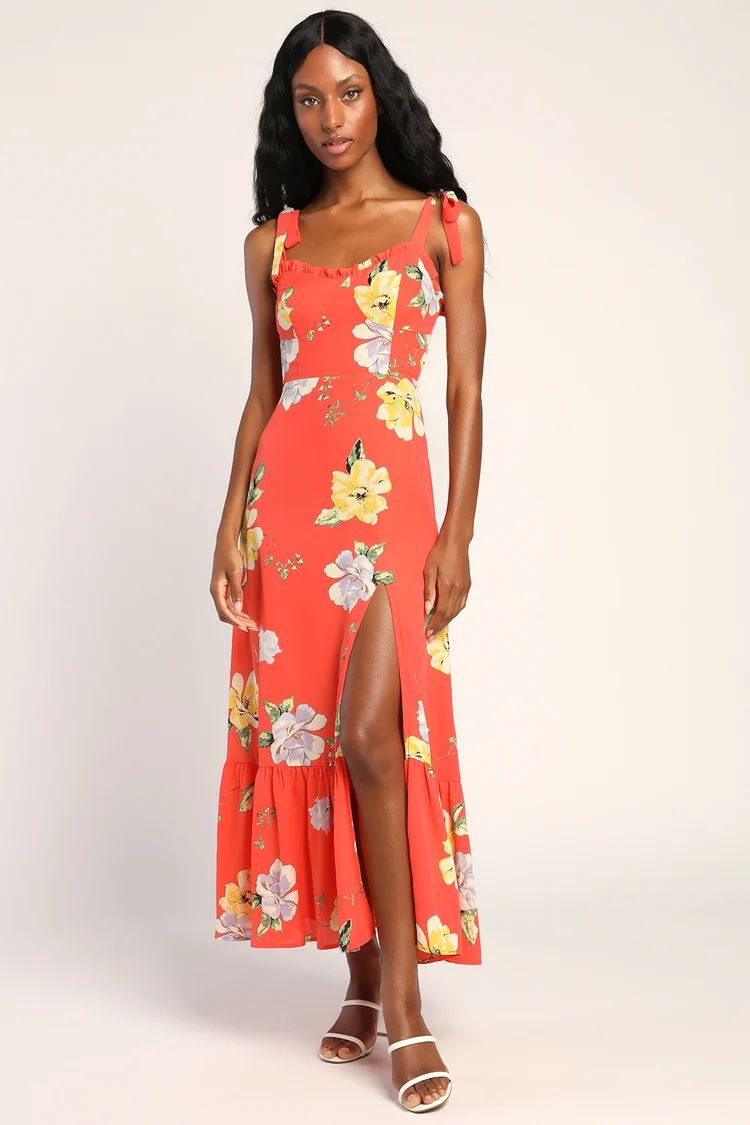 Forever Floral Orange Floral Print Tie-Strap Slit Maxi Dress | Lulus (US)