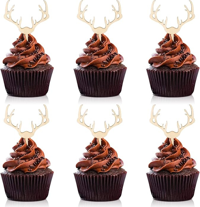 Huray Rayho Antler Cupcake Toppers Wooden Deer Cake Picks Decorations | Amazon (US)