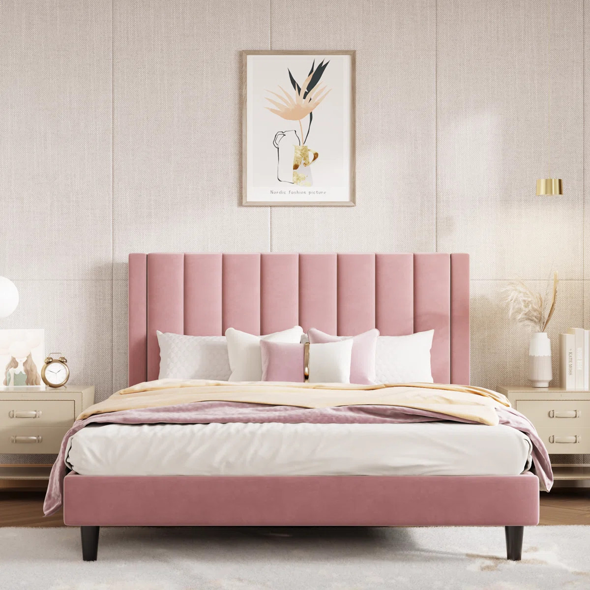 Stauton Upholstered Platform Bed with Velvet and Striped Headboard | Wayfair North America