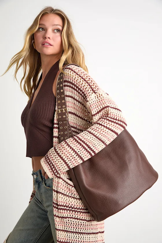 Ezell Dark Brown Vegan Leather Studded Tote Bag | Lulus