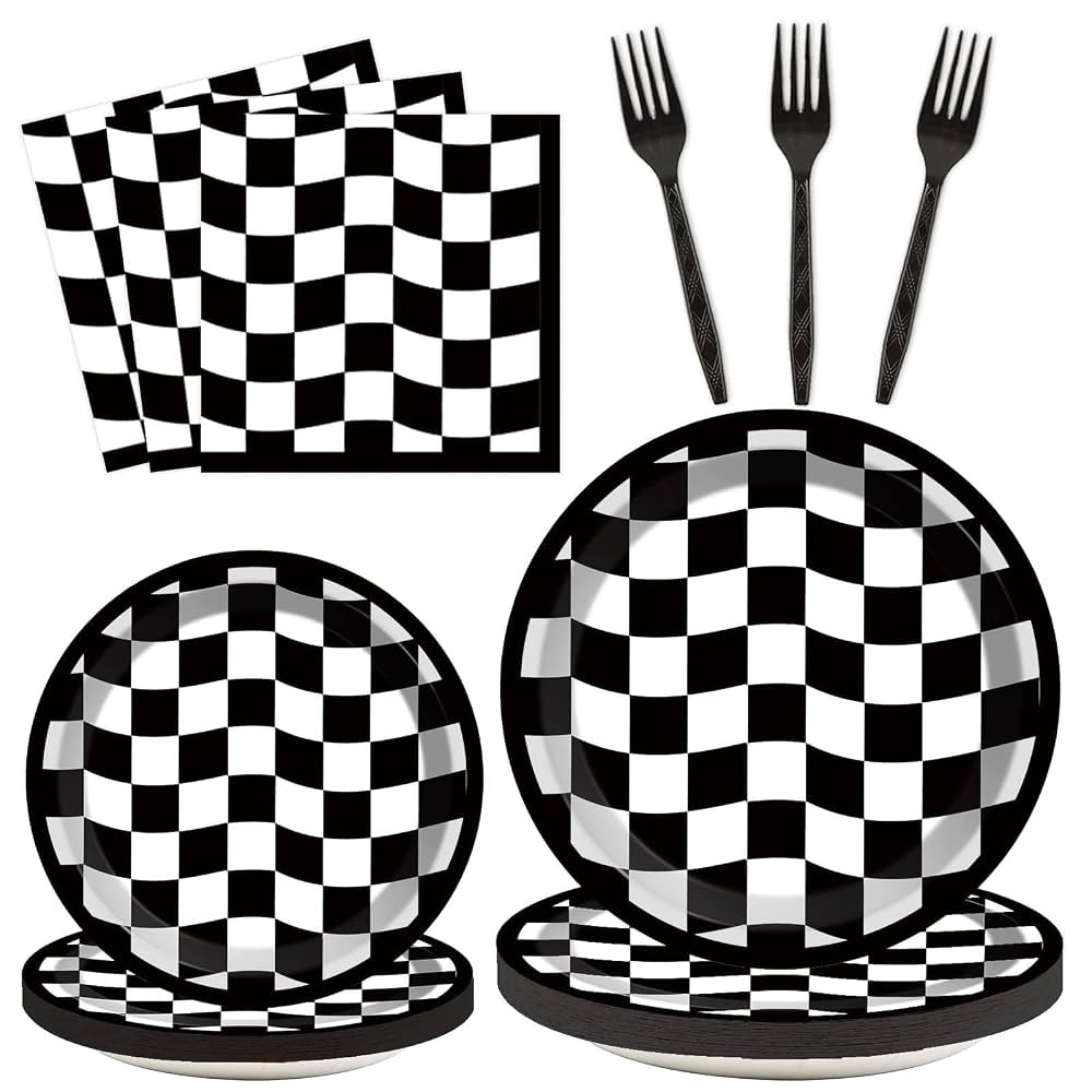 96 Pieces Black and White Checkered Tableware Set for Race Sports Themed Table Supplies Decoratio... | Amazon (US)
