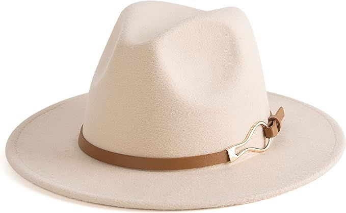 EOGIMI Fashion Women Wide Brim Fedora Floppy Panama Hat with Belt Buckle | Amazon (US)