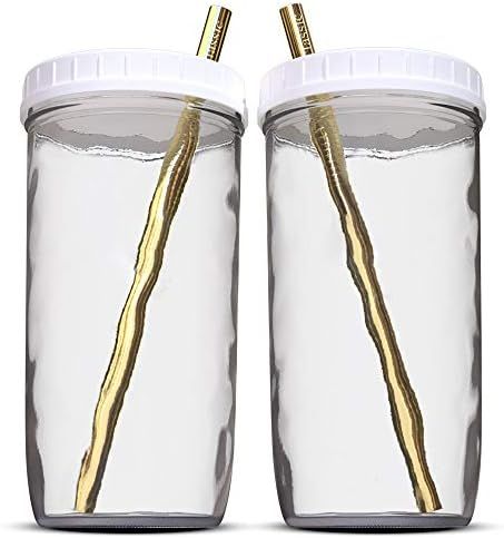 Amazon.com | Reusable Boba Bubble Tea & Smoothie Cups - 2 Wide Mouth Smooth-Sided Jars 24oz with ... | Amazon (US)