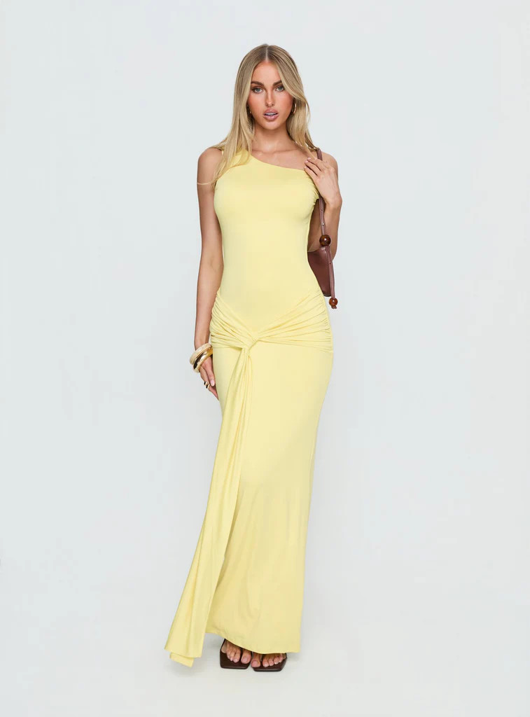 Get Lucky Drape One Shoulder Maxi Dress Lemon Yellow | Princess Polly US