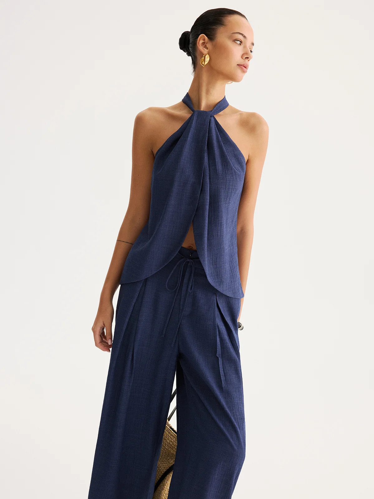 Slit-Front Halter Top & Wide Leg Pants Set | Commense