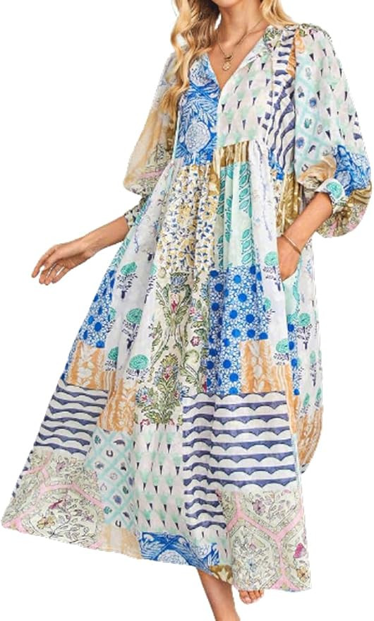 CHARTOU Women Boho Floral Printed Long Dress Summer Lantern Half Sleeve Beach Flowy Loose Swing S... | Amazon (US)