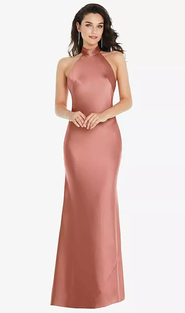 Scarf Tie High-Neck Halter Maxi Slip Dress in Desert Rose | Dessy Group