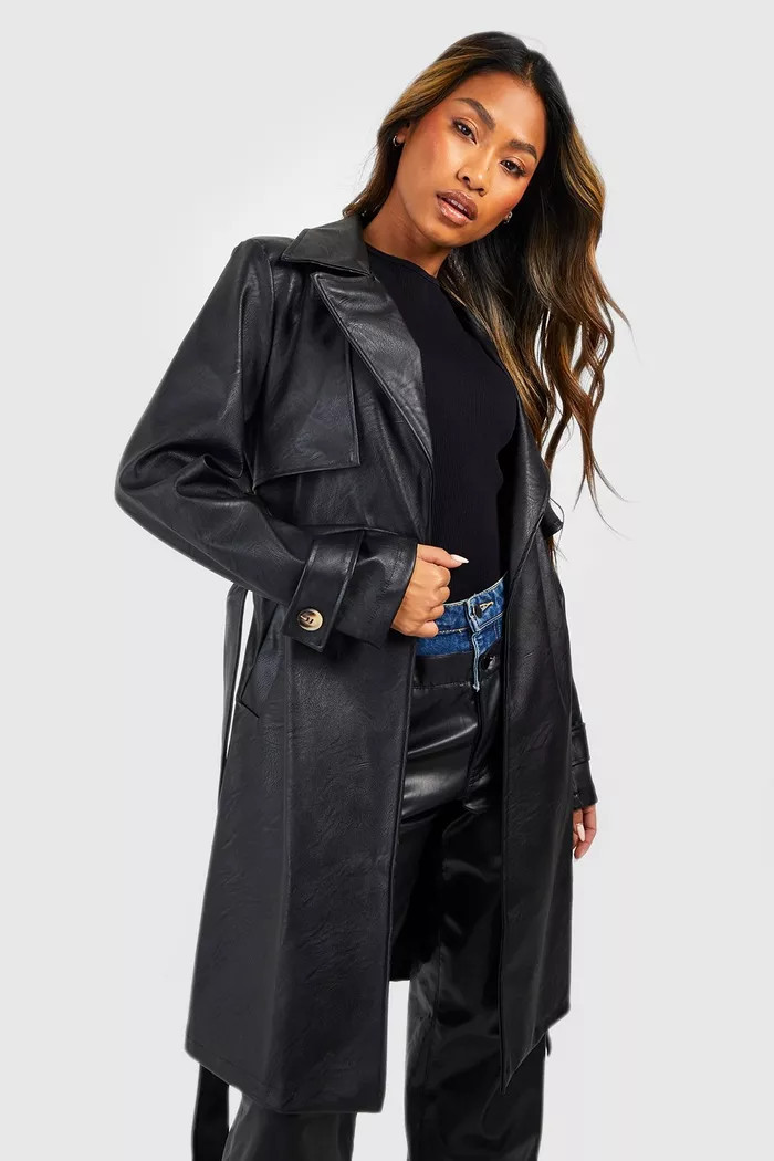 Belted Short Faux Leather Trench Coat | Boohoo.com (UK & IE)