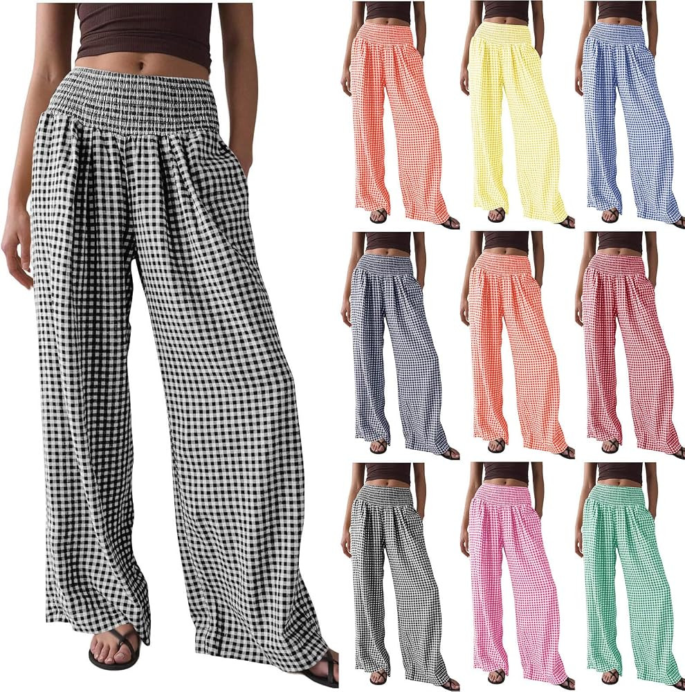 Gingham Pants Women 2026 Wide Leg Elastic Waist Striped Palazzo Trousers Lounge Plaid Pajama Pant... | Amazon (US)