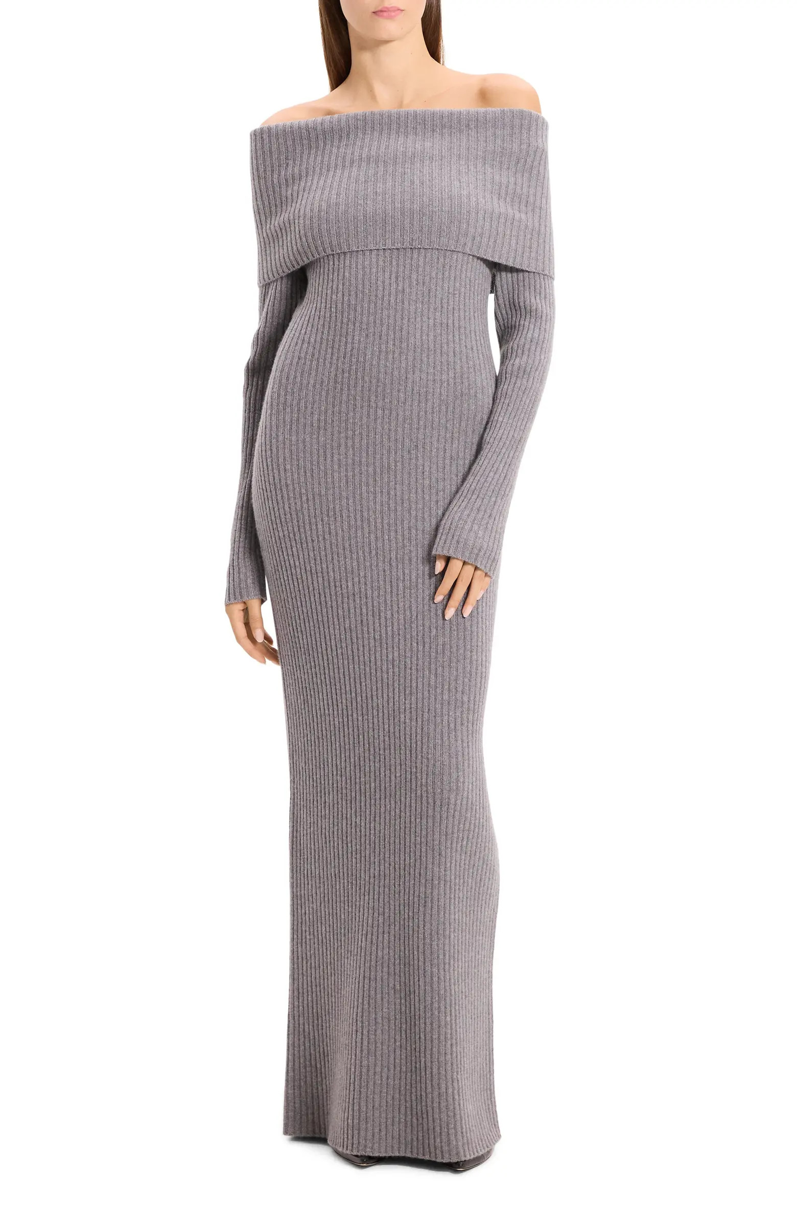 Theory Off the Shoulder Long Sleeve Rib Wool & Cashmere Maxi Dress | Nordstrom | Nordstrom
