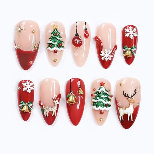 Christmas Press on Nails Medium Almond Red French Tip Fake Nails Winter Snowflake Glue on Nails Reusable 3D Elk False Nails Gold Star Bead Design Full Cover Xmas Stick on Nail for Women Holiday 30Pcs | Amazon (US)