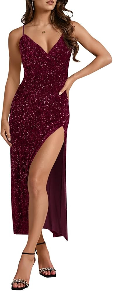 Wenrine Womens Sparkly Sequin Dress Spaghetti Strap V Neck Sexy High Slit Formal Club Party Eveni... | Amazon (US)