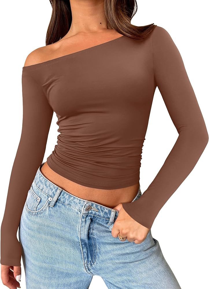 IWD Womens Off Shoulder Long Sleeve Shirts Going Out Boat Neck Tops Slim Fitted Y2k Outfits 2024 ... | Amazon (CA)