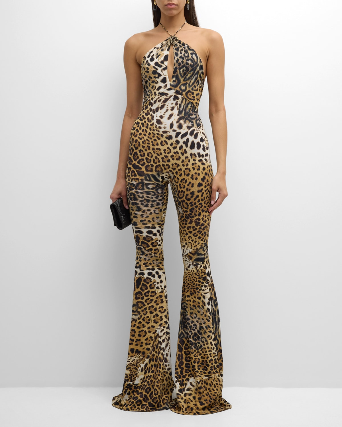 Leopard-Print Halter Flared Jumpsuit | Neiman Marcus