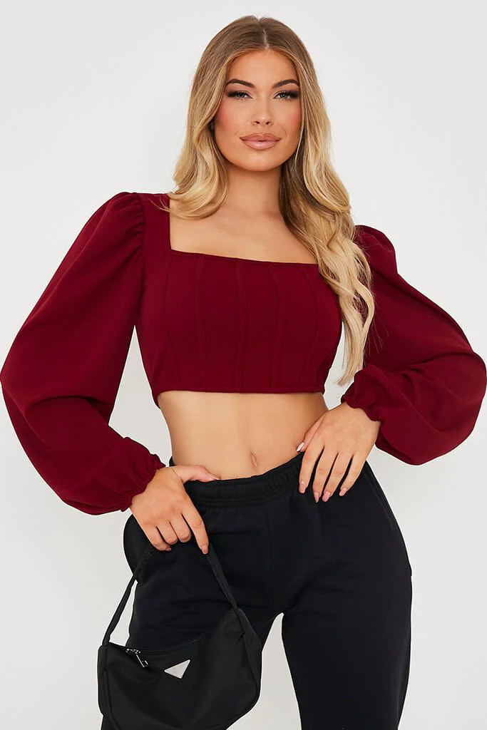 Wine Milkmaid Corset Detail Balloon Sleeve Corset Top | ISAWITFIRST