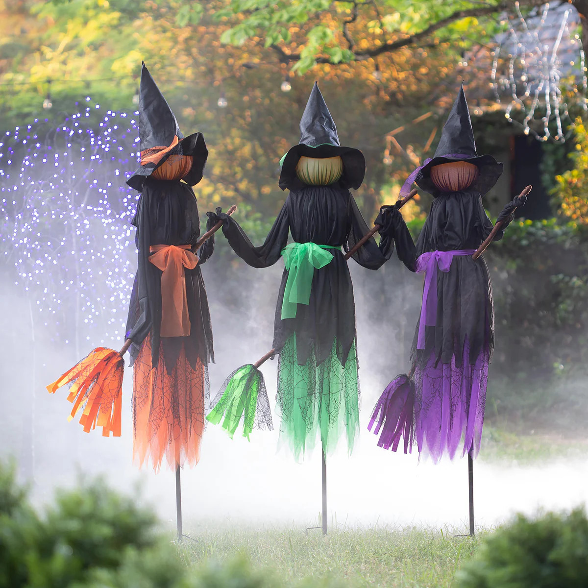 Lighted Witch Stakes with Brooms, Set of 3 | Plow & Hearth