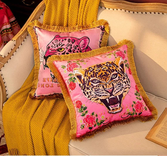 Luxury Pink Velvet Printed Leopard Retro Inspired Pillow - Etsy | Etsy (US)