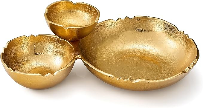 3 Cluster Decorative Bowls Bright Gold Brass Snack Tray Bowl Chip & Dip Serving Piece Strong Cent... | Amazon (US)