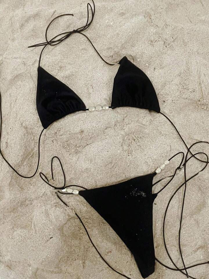 TrendsPolovedo Official Women's Summer Beach Solid Color Halter Tie Sexy Bikini Swimsuit | SHEIN