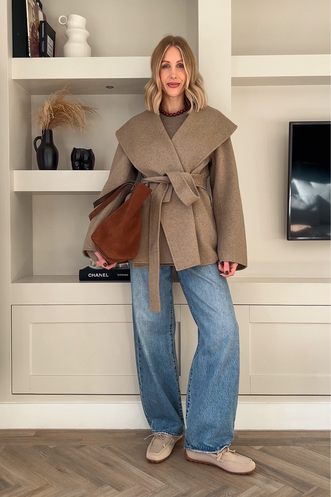 Effortless casual chic jeans outfit - wool wrap coat / brown suede bag / square toe driving loafers how to style 

#LTKstyletip #LTKuk #LTKshoes