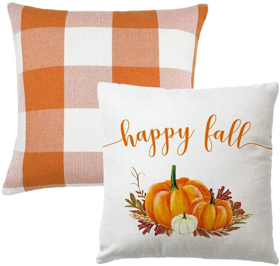 Set of 2 Orange and White Buffalo Check Plaid Throw Pillow Covers Farmhouse Decor Happy Fall Harv... | Walmart (US)