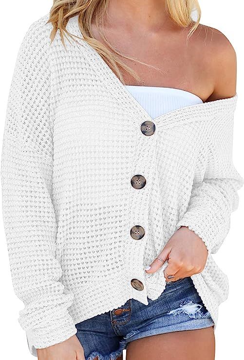 MIHOLL Waffle Knit Shirt Women Cozy Button Down Sweater Cardigan Casual Tops | Amazon (US)