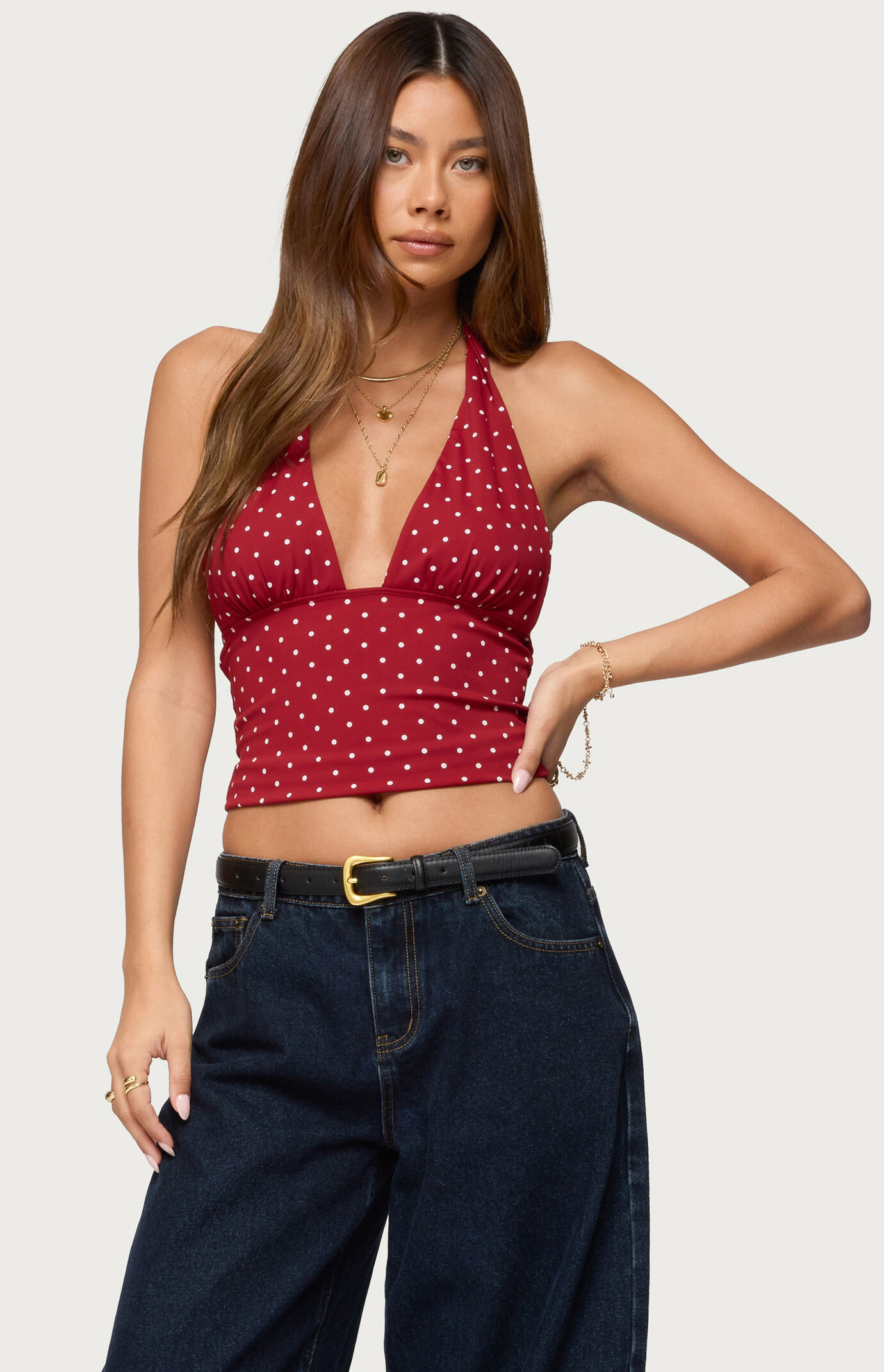 Edikted Women's Blaire Polka Dot Halter Top in Burgundy/White - Size Large | PacSun