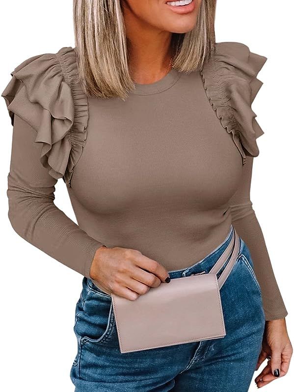 Womens Long Sleeve Ruffle Shirts Slim Fit High Neck Layer Shoulder Knit Ribbed Fall Tops | Amazon (US)