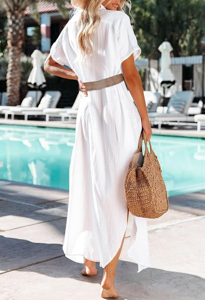 Paintcolors Women's Short Sleeve Cotton Button Down Shirt Dresses Side Split Solid Color Oversized L | Amazon (US)